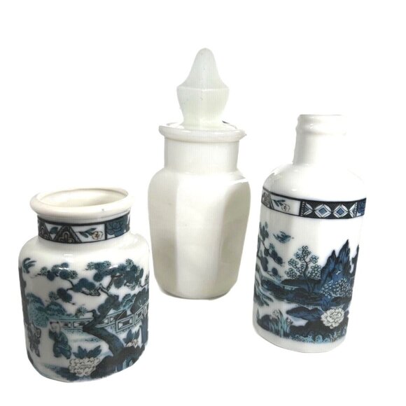 Other - Three Vtg Chinese Jars Bottles Blue & White Porcelain Landscape Pagoda Men Sided